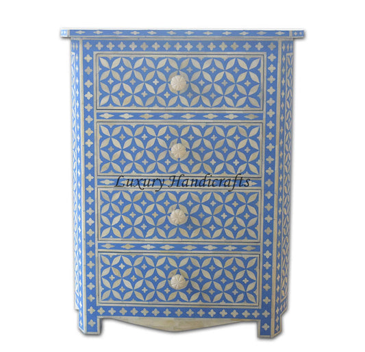 Bone Inlay 4 Drawer Geometric Bedside Blue