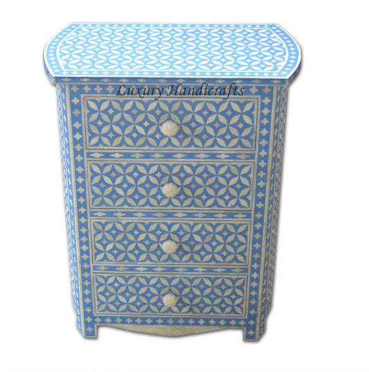 Bone Inlay 4 Drawer Geometric Bedside Blue