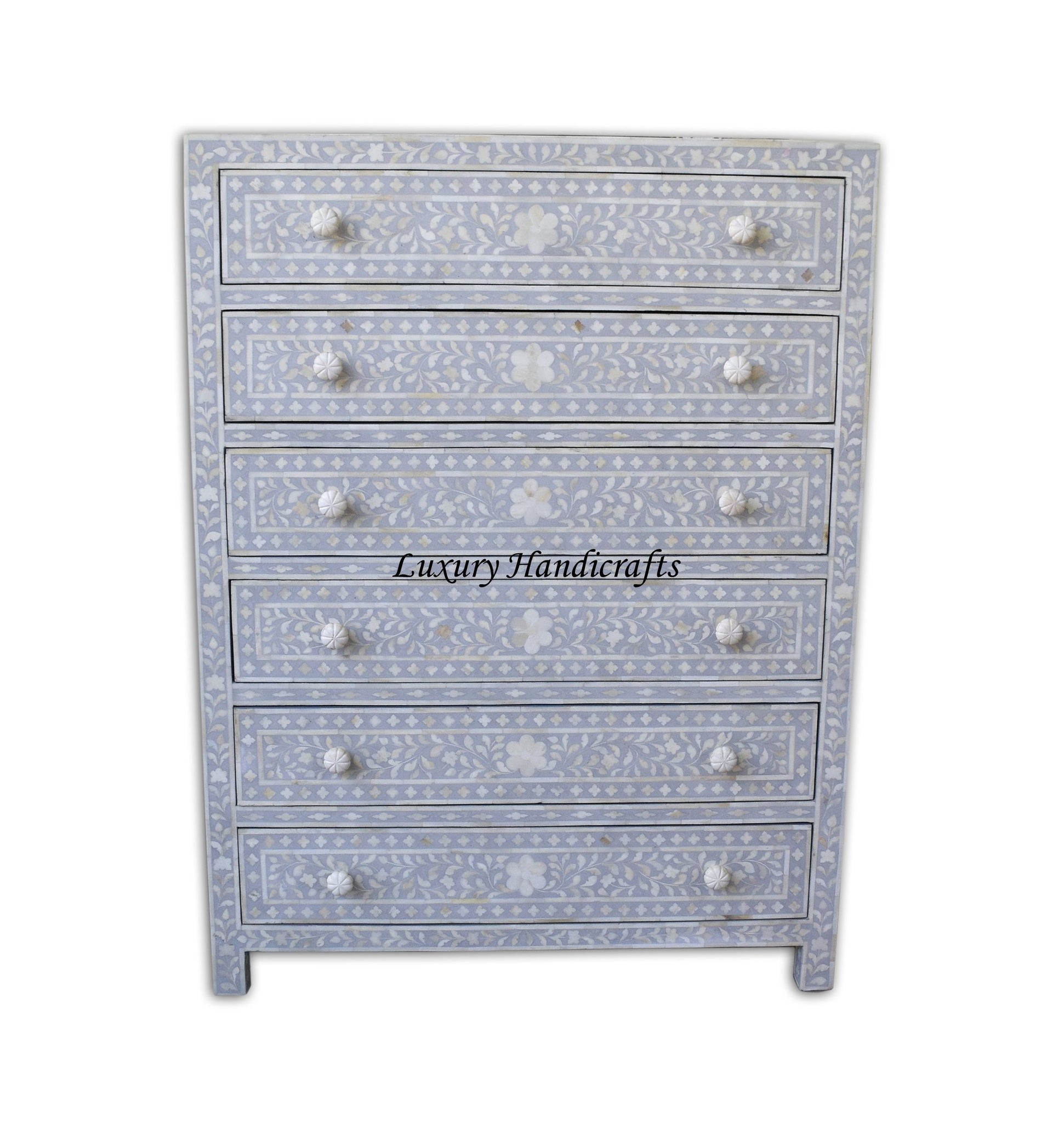 Bone Inlay 6 Drawer Chest Floral Design Dove Grey