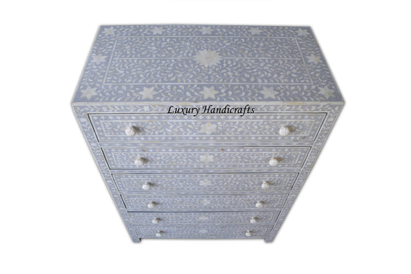 Bone Inlay 6 Drawer Chest Floral Design Dove Grey