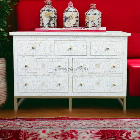 Bone Inlay Floral Chest of 7 Drawers Iron White