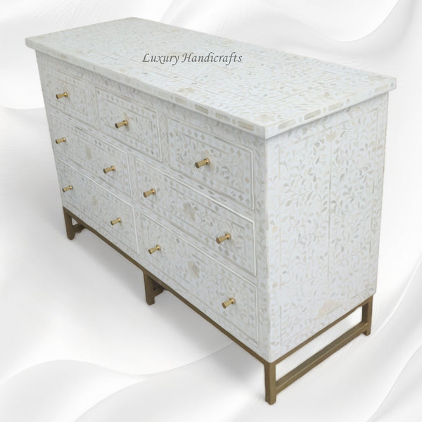 Bone Inlay Floral Chest of 7 Drawers Iron White