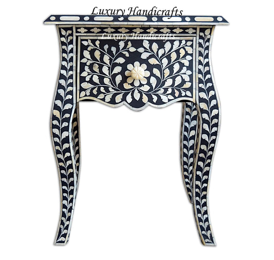 Bone Inlay Bedside 1 Drawer French Legs Floral Design Black