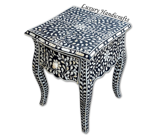 Bone Inlay Bedside 1 Drawer French Legs Floral Design Black