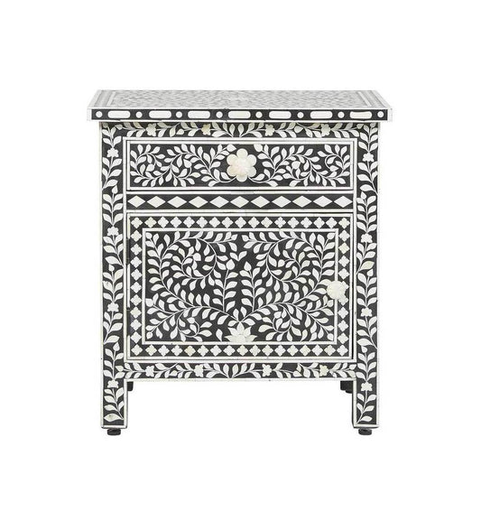Bone Inlay Bedside Floral 1 Drawer 1 Door Black