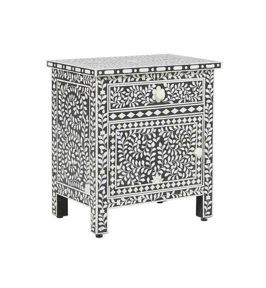 Bone Inlay Bedside Floral 1 Drawer 1 Door Black