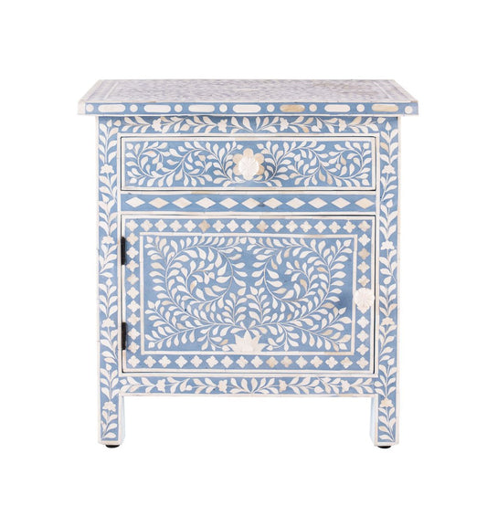Bone Inlay Bedside Floral 1 Drawer 1 Door Light Blue
