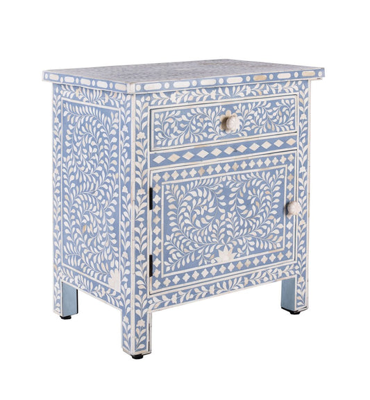 Bone Inlay Bedside Floral 1 Drawer 1 Door Light Blue