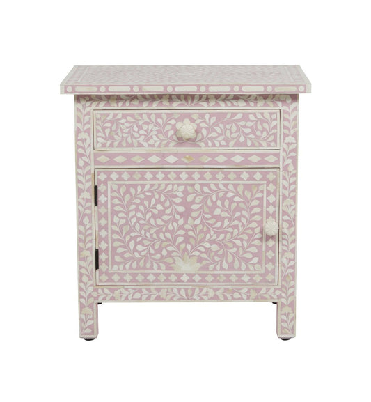 Bone Inlay Bedside Floral 1 Drawer 1 Door Blush Pink