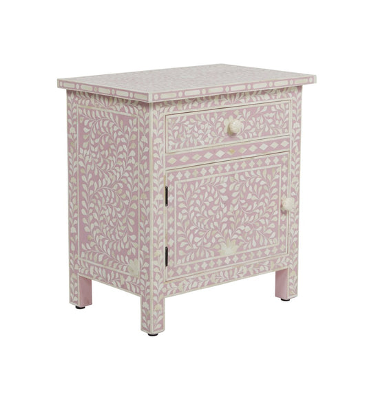 Bone Inlay Bedside Floral 1 Drawer 1 Door Blush Pink