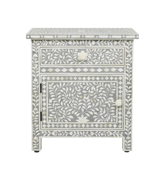 Bone Inlay Bedside Floral 1 Drawer 1 Door Grey