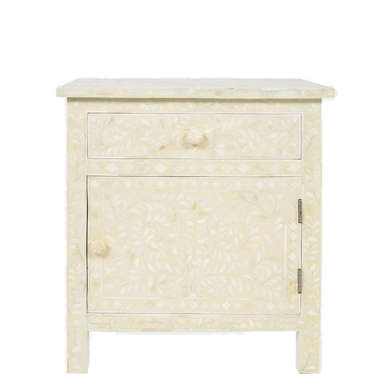 Bone Inlay Bedside Floral 1 Drawer 1 Door Biege