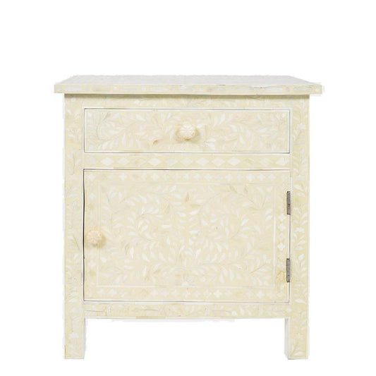 Bone Inlay Bedside Floral 1 Drawer 1 Door Biege