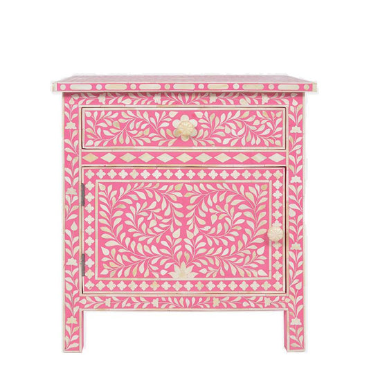 Bone Inlay Bedside Floral 1 Drawer 1 Door Pink