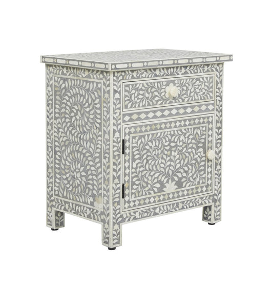 Bone Inlay Bedside Floral 1 Drawer 1 Door Grey