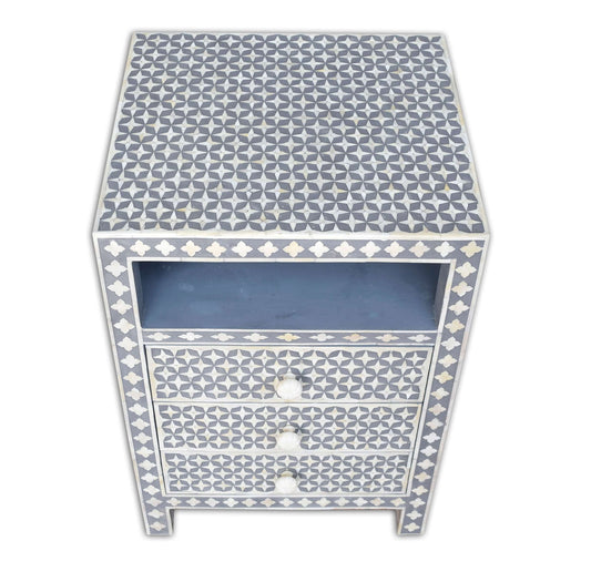 Bone Inlay Bedside Table In Star Design Grey