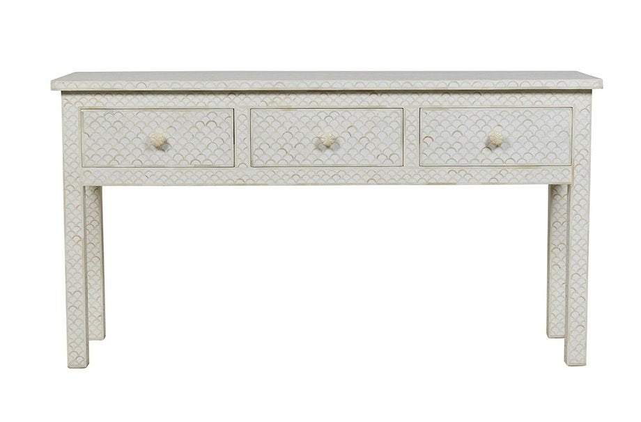 White Bone Inlay Fishscale Console 3 Drawer