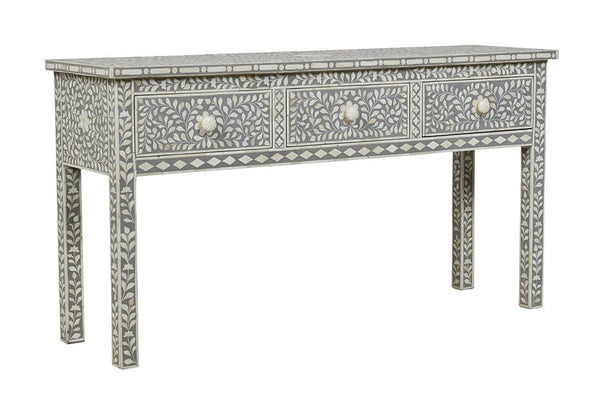 Bone Inlay Floral 3 Drawer Floral Console Edge Grey