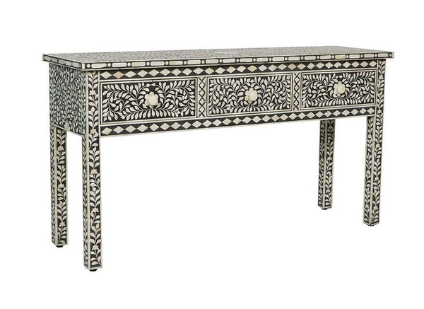 Bone Inlay Floral 3 Drawer Floral Console Edge Black