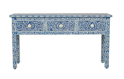 Bone Inlay Floral 3 Drawer Floral Console Edge Dark Blue