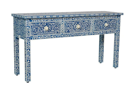 Bone Inlay Floral 3 Drawer Floral Console Edge Dark Blue