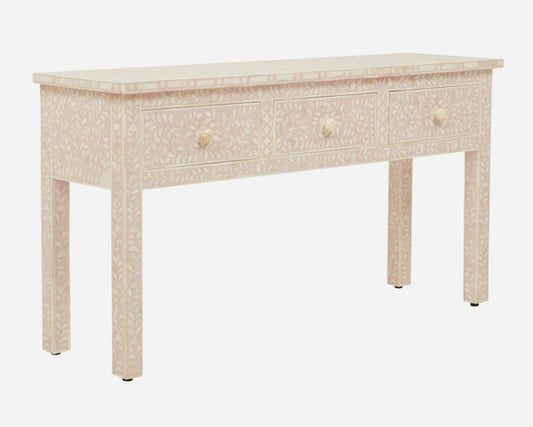 Bone Inlay Floral 3 Drawer Console Edge Blush Pink