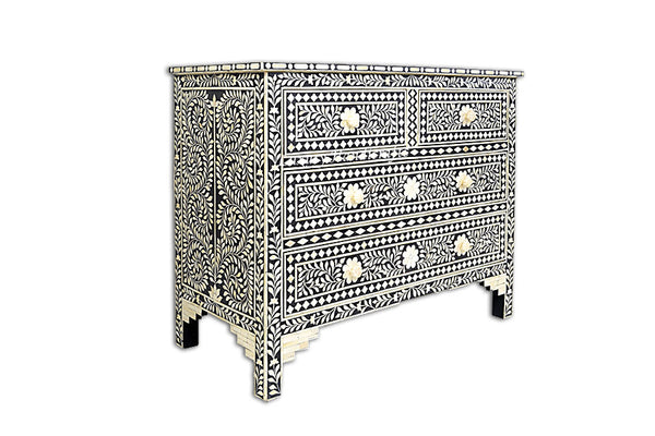 Bone Inlay Floral Chest Of 4 Drawer Black