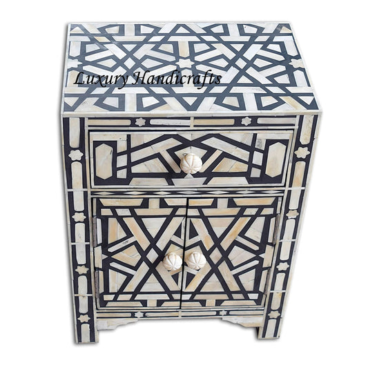 Bone Inlay Geometric Star 1 Drawer 2 Door Bedside Table Black