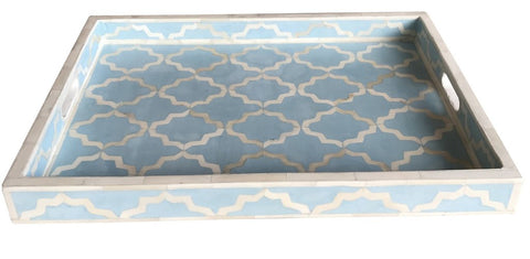Ice Blue Rectangle Moroccan Pattern Bone Inlay Tray
