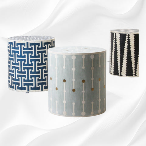Tetris Bone Inlay Round Stool Indigo