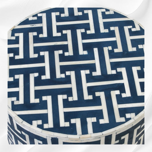 Tetris Bone Inlay Round Stool Indigo