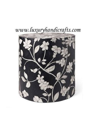 Bone Inlay Round Stool Floral Design Black