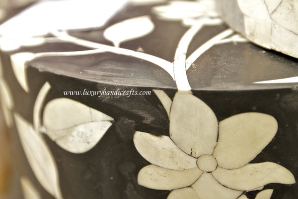 Bone Inlay Round Stool Floral Design Black
