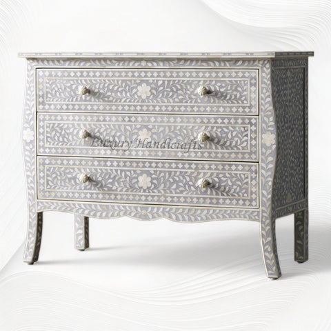 Bone Inlay Curved 3 Drawer Floral Dresser Grey