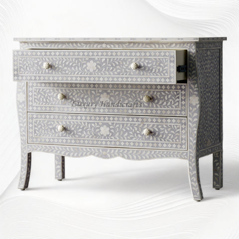 Bone Inlay Curved 3 Drawer Floral Dresser Grey