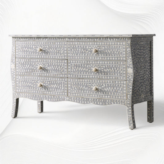 Bone Inlay Curved 6 Drawer Floral Dresser Grey