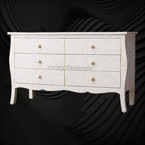 Bone Inlay Curved 6 Drawer Floral Dresser White with Topper