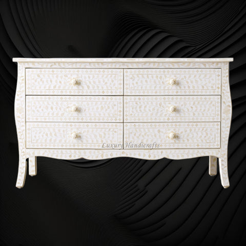 Bone Inlay Curved 6 Drawer Floral Dresser White with Topper