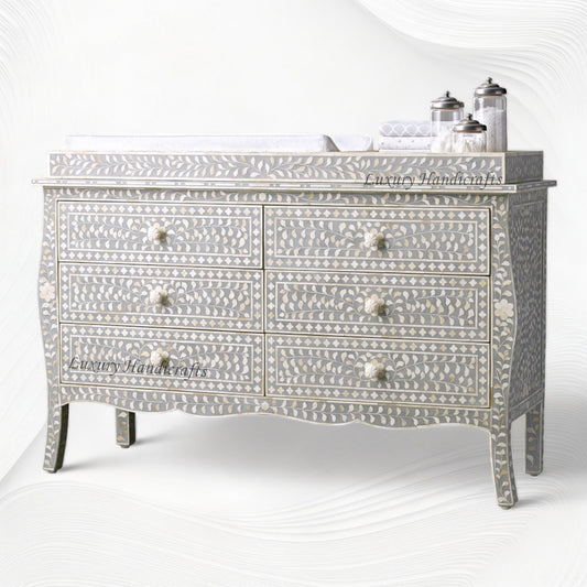 Bone Inlay Curved 6 Drawer Floral Dresser Grey with Topper