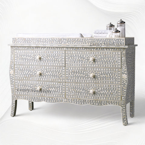 Bone Inlay Curved 6 Drawer Floral Dresser Grey with Topper