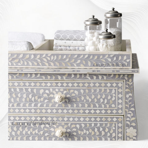 Bone Inlay Curved 6 Drawer Floral Dresser Grey with Topper