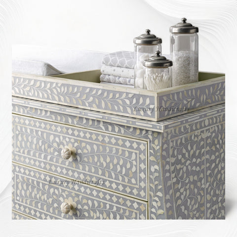 Bone Inlay Curved 6 Drawer Floral Dresser Grey with Topper