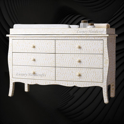 Bone Inlay Curved 6 Drawer Floral Dresser White with Topper