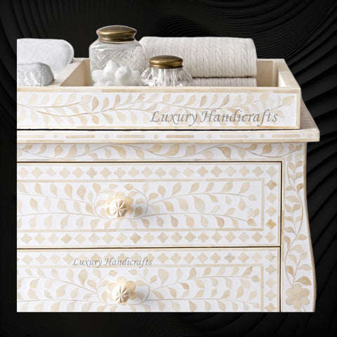 Bone Inlay Curved 6 Drawer Floral Dresser White with Topper