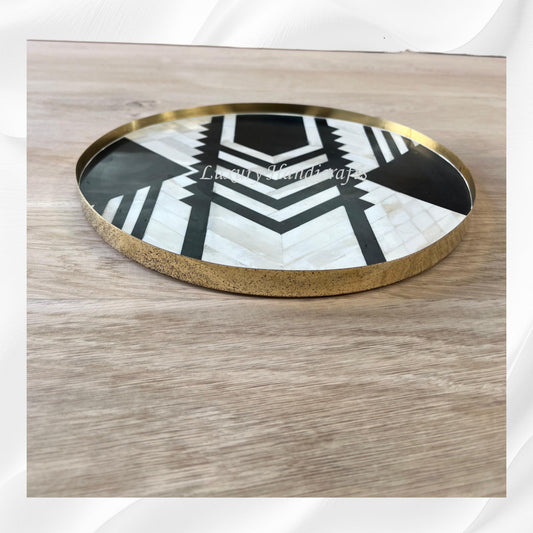 Brass and Bone Inlay Geometric Tray Black