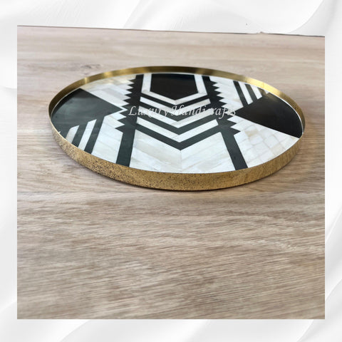 Brass and Bone Inlay Geometric Tray Black
