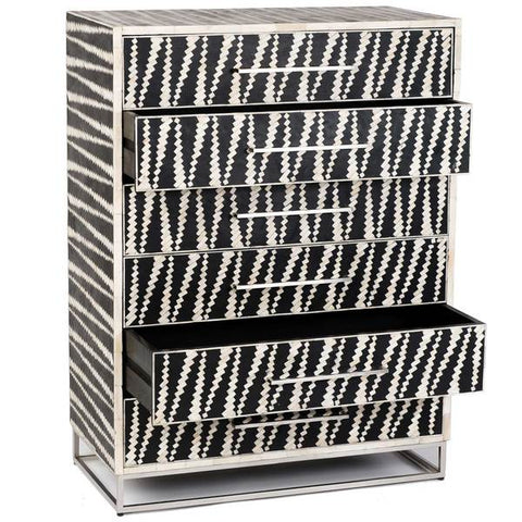 Malawi Bone Inlay 6 Drawer Tallboy Black White