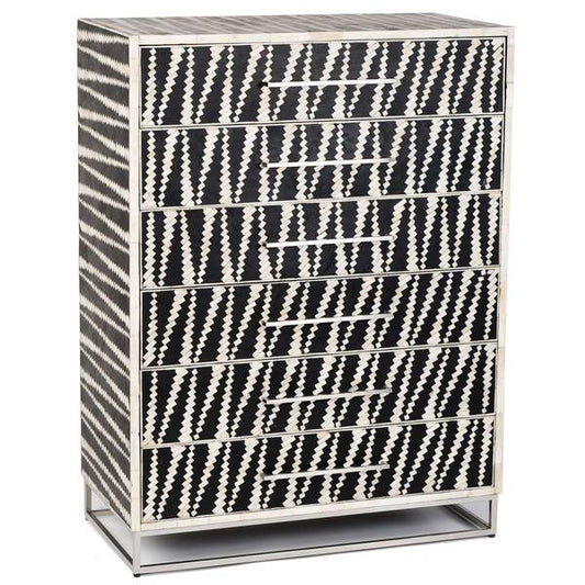 Malawi Bone Inlay 6 Drawer Tallboy Black White