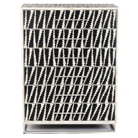 Malawi Bone Inlay 6 Drawer Tallboy Black White