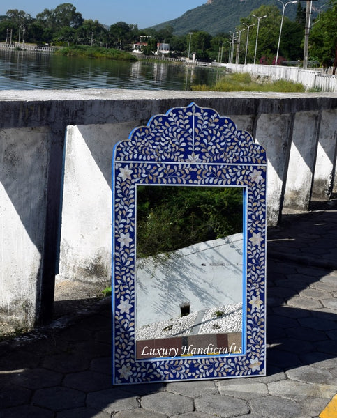 Mother Of Pearl Inlay Floral Crested Mirror Blue